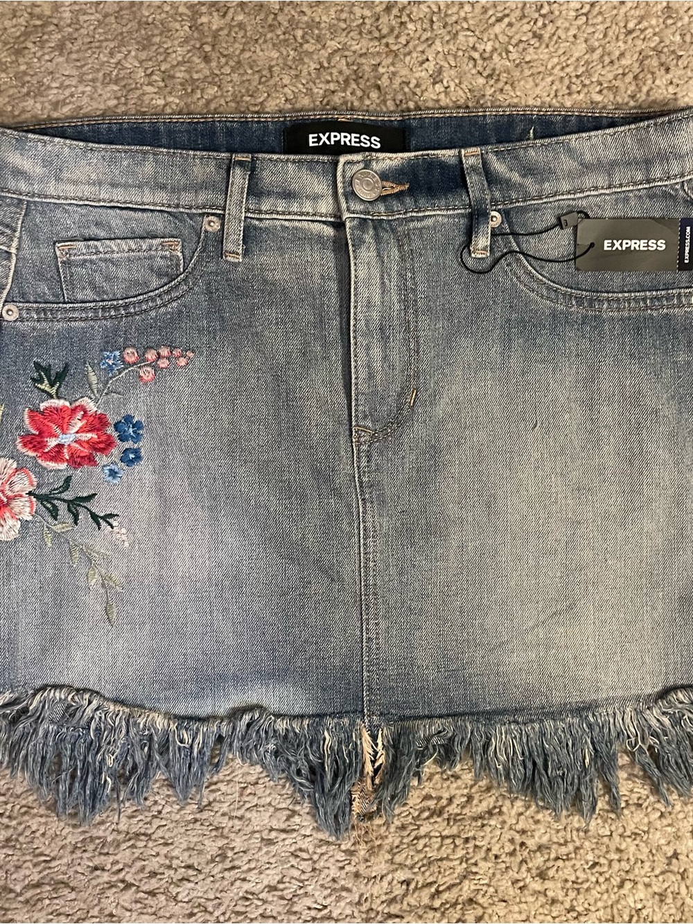 EXPRESS Embroidered Floral Frayed Denim Mini Skirt in Light Blue
